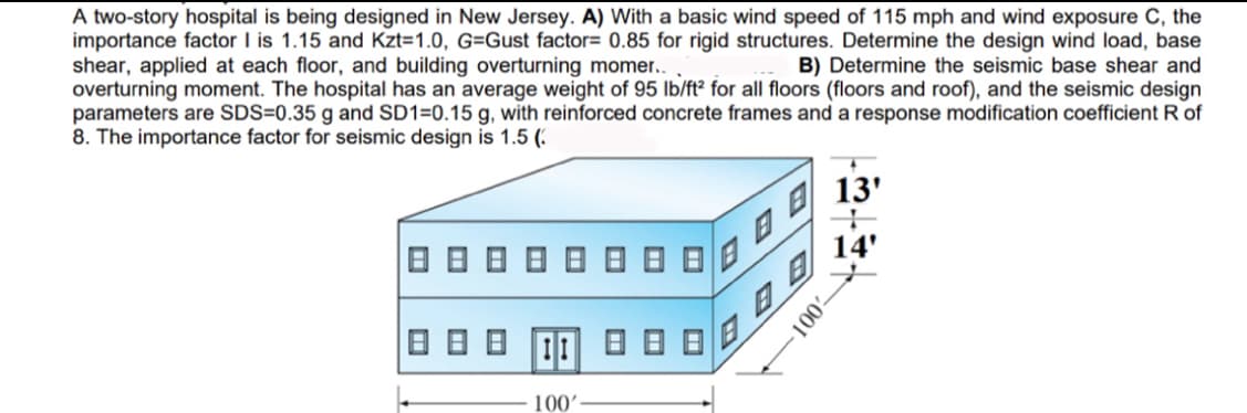 A two-story hospital is being designed in New Jersey. A) With a basic wind speed of 115 mph and wind exposure C, the
importance factor I is 1.15 and Kzt=1.0, G-Gust factor= 0.85 for rigid structures. Determine the design wind load, base
shear, applied at each floor, and building overturning momer..
B) Determine the seismic base shear and
overturning moment. The hospital has an average weight of 95 lb/ft² for all floors (floors and roof), and the seismic design
parameters are SDS=0.35 g and SD1=0.15 g, with reinforced concrete frames and a response modification coefficient R of
8. The importance factor for seismic design is 1.5 (
II
100'
B
B
13'
+
B
14'
1005