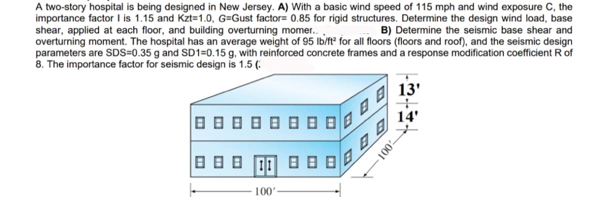 A two-story hospital is being designed in New Jersey. A) With a basic wind speed of 115 mph and wind exposure C, the
importance factor I is 1.15 and Kzt=1.0, G=Gust factor= 0.85 for rigid structures. Determine the design wind load, base
shear, applied at each floor, and building overturning momer..
B) Determine the seismic base shear and
overturning moment. The hospital has an average weight of 95 lb/ft² for all floors (floors and roof), and the seismic design
parameters are SDS=0.35 g and SD1=0.15 g, with reinforced concrete frames and a response modification coefficient R of
8. The importance factor for seismic design is 1.5 (3
日 日 日
BB II
100'
B
B
8
8
8089
100
13'
14'