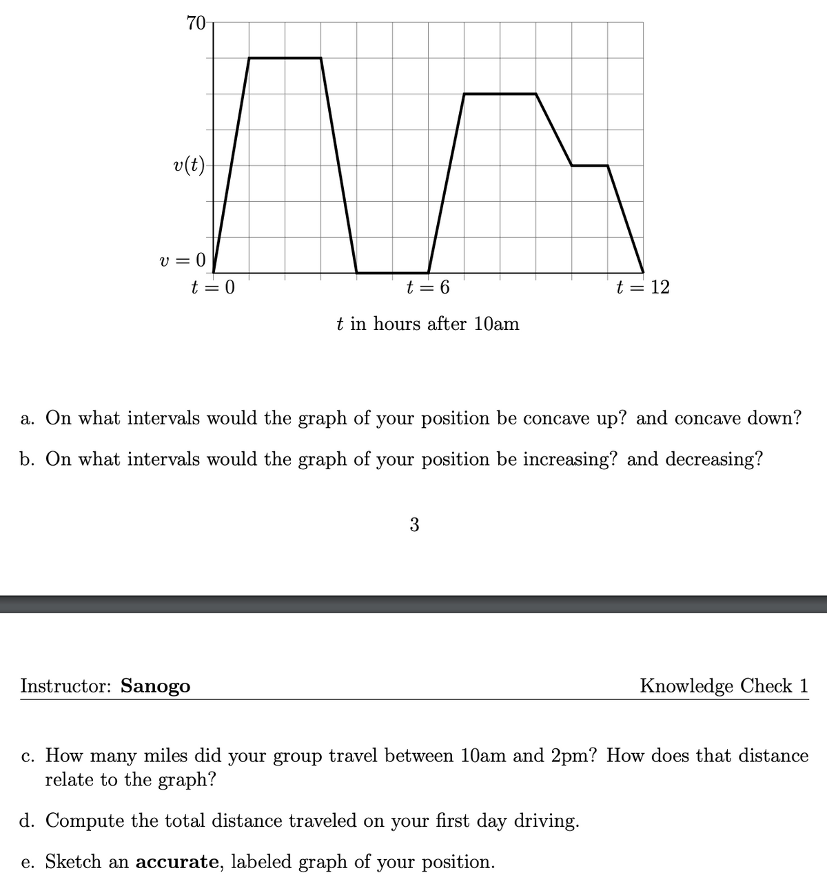 70
v(t)-
V= 0
t = 0
t = 6
t in hours after 10am
Instructor: Sanogo
a. On what intervals would the graph of your position be concave up? and concave down?
b. On what intervals would the graph of your position be increasing? and decreasing?
t = 12
3
Knowledge Check 1
c. How many miles did your group travel between 10am and 2pm? How does that distance
relate to the graph?
d. Compute the total distance traveled on your first day driving.
e. Sketch an accurate, labeled graph of your position.