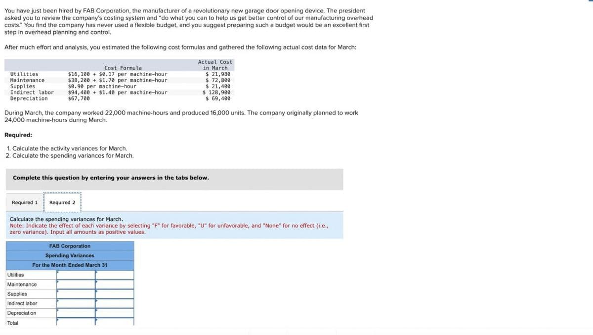 You have just been hired by FAB Corporation, the manufacturer of a revolutionary new garage door opening device. The president
asked you to review the company's costing system and "do what you can to help us get better control of our manufacturing overhead
costs." You find the company has never used a flexible budget, and you suggest preparing such a budget would be an excellent first
step in overhead planning and control.
After much effort and analysis, you estimated the following cost formulas and gathered the following actual cost data for March:
Utilities
Maintenance
Supplies
Indirect labor
Depreciation
Cost Formula
$16,100 + $0.17 per machine-hour
$38,200 +$1.70 per machine-hour
$0.90 per machine-hour
$94,400 +$1.40 per machine-hour
$67,700
Actual Cost
in March
$ 21,980
$ 72,800
$ 21,400
$128,900
$ 69,400
During March, the company worked 22,000 machine-hours and produced 16,000 units. The company originally planned to work
24,000 machine-hours during March.
Required:
1. Calculate the activity variances for March.
2. Calculate the spending variances for March.
Complete this question by entering your answers in the tabs below.
Required 1
Required 2
Calculate the spending variances for March.
Note: Indicate the effect of each variance by selecting "F" for favorable, "U" for unfavorable, and "None" for no effect (i.e.,
zero variance). Input all amounts as positive values.
FAB Corporation
Spending Variances
For the Month Ended March 31
Utilities
Maintenance
Supplies
Indirect labor
Depreciation
Total