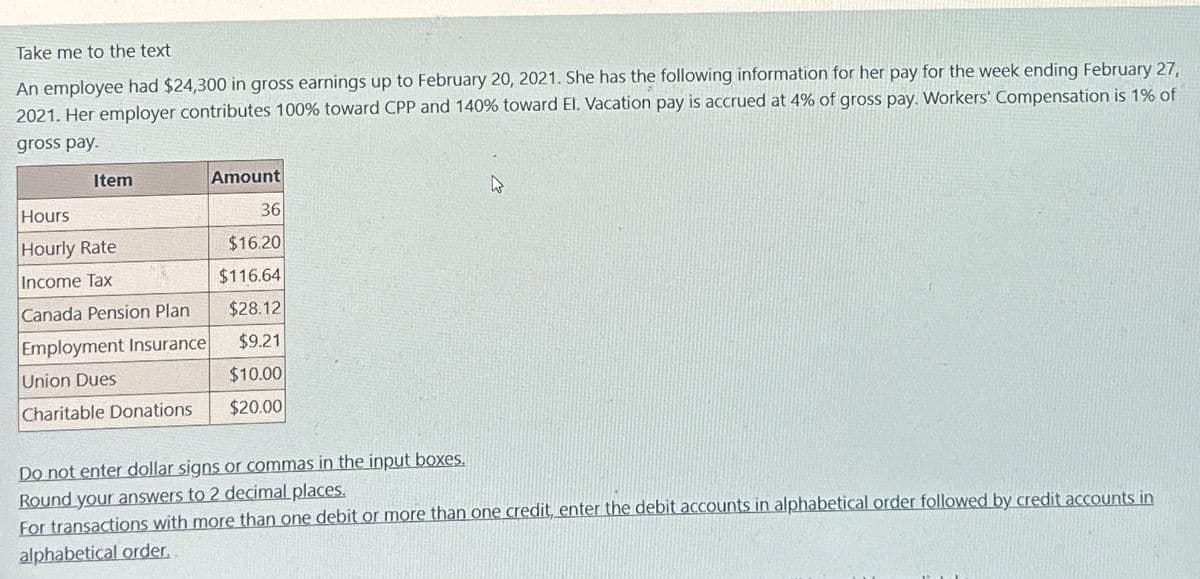 Take me to the text
An employee had $24,300 in gross earnings up to February 20, 2021. She has the following information for her pay for the week ending February 27,
2021. Her employer contributes 100% toward CPP and 140 % toward El. Vacation pay is accrued at 4% of gross pay. Workers' Compensation is 1% of
gross pay.
Item
Amount
Hours
36
Hourly Rate
$16.20
Income Tax
$116.64
Canada Pension Plan
$28.12
Employment Insurance
$9.21
Union Dues
$10.00
Charitable Donations
$20.00
Do not enter dollar signs or commas in the input boxes.
Round your answers to 2 decimal places.
For transactions with more than one debit or more than one credit, enter the debit accounts in alphabetical order followed by credit accounts in
alphabetical order.