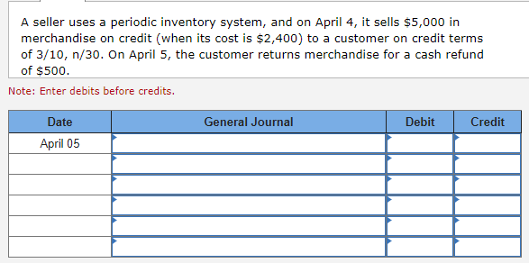 A seller uses a periodic inventory system, and on April 4, it sells $5,000 in
merchandise on credit (when its cost is $2,400) to a customer on credit terms
of 3/10, n/30. On April 5, the customer returns merchandise for a cash refund
of $500.
Note: Enter debits before credits.
Date
April 05
General Journal
Debit
Credit