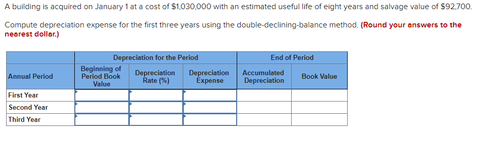 A building is acquired on January 1 at a cost of $1,030,000 with an estimated useful life of eight years and salvage value of $92,700.
Compute depreciation expense for the first three years using the double-declining-balance method. (Round your answers to the
nearest dollar.)
Annual Period
First Year
Second Year
Third Year
Depreciation for the Period
Depreciation
Rate (%)
Beginning of
Period Book
Value
Depreciation
Expense
End of Period
Accumulated
Depreciation
Book Value