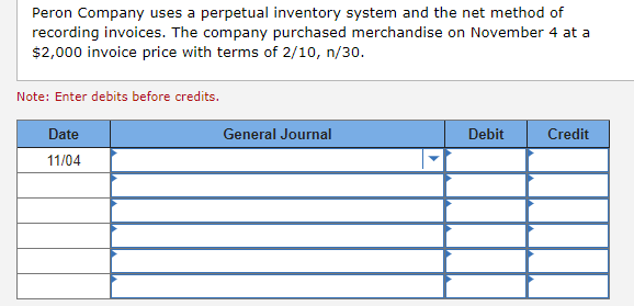 Peron Company uses a perpetual inventory system and the net method of
recording invoices. The company purchased merchandise on November 4 at a
$2,000 invoice price with terms of 2/10, n/30.
Note: Enter debits before credits.
Date
11/04
General Journal
Debit
Credit