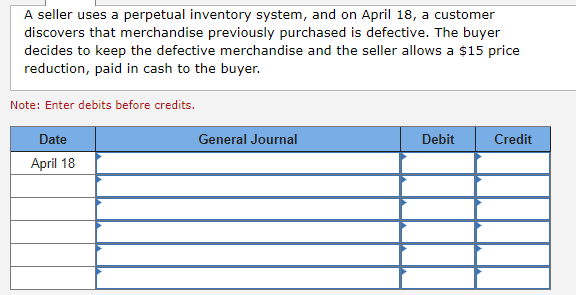 A seller uses a perpetual inventory system, and on April 18, a customer
discovers that merchandise previously purchased is defective. The buyer
decides to keep the defective merchandise and the seller allows a $15 price
reduction, paid in cash to the buyer.
Note: Enter debits before credits.
Date
April 18
General Journal
Debit
Credit