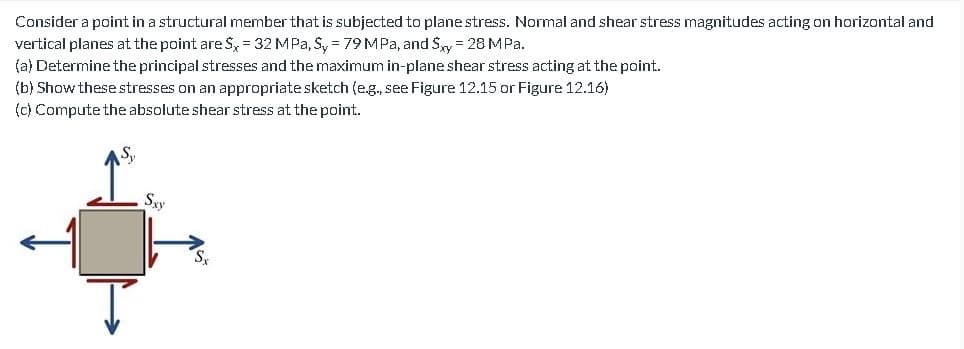 Consider a point in a structural member that is subjected to plane stress. Normal and shear stress magnitudes acting on horizontal and
vertical planes at the point are $x = 32 MPa, Sy= 79 MPa, and Sxy= 28 MPa.
(a) Determine the principal stresses and the maximum in-plane shear stress acting at the point.
(b) Show these stresses on an appropriate sketch (e.g., see Figure 12.15 or Figure 12.16)
(c) Compute the absolute shear stress at the point.
Sxy