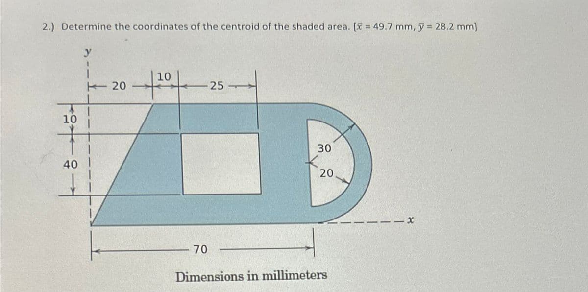 2.) Determine the coordinates of the centroid of the shaded area. [49.7 mm, y = 28.2 mm]
y
10
<<20
25
10
40
30
20
70
Dimensions in millimeters
-x
