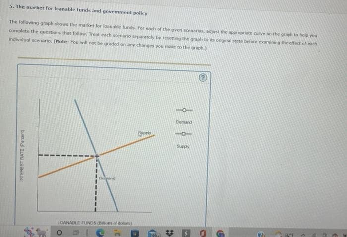 5. The market for loanable funds and government policy
The following graph shows the market for loanable funds. For each of the given scenarios, adjust the appropriate curve on the graph to help you
complete the questions that follow. Treat each scenario separately by resetting the graph to its original state before examining the effect of each
individual scenario. (Note: You will not be graded on any changes you make to the graph.)
INTEREST RATE (Percent)
Deand
LOANABLE FUNDS (Bilions of dollars)
E
C
3¹
in
(F
Demand
161
Supply
K
@
O
C
82
