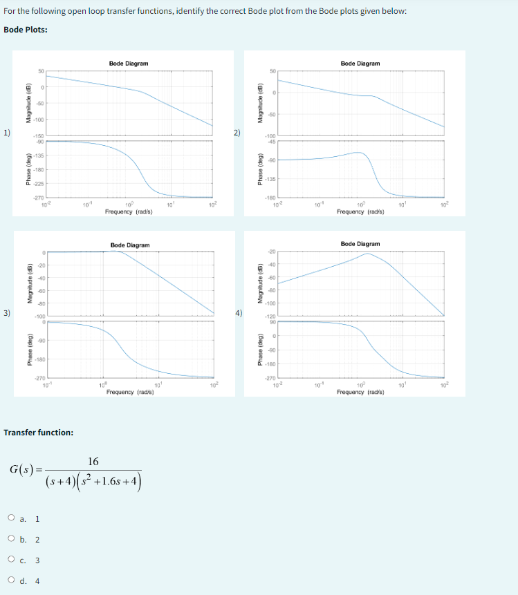 For the following open loop transfer functions, identify the correct Bode plot from the Bode plots given below:
Bode Plots:
1)
3)
Magnitude (dB)
(Bap) eseyd
50
0
-100
-50
-150
-90
-135
-180
Magnitude (dB)
-225
Phase (deg)
-270
1012
-20
-40
-60
-80
-100
0
-90
-180
-270
G(s) =
10-1
Transfer function:
10
O a. 1
O b. 2
O c. 3
O d. 4
16
Bode Diagram
TOP
Frequency (rad/s)
Bode Diagram
(s+4)(s² +1.65+4)
101
Frequency (rad/s)
10
Њ
10²
10²
N
+
Magnitude (dB)
Phase (deg)
Magnitude (dB)
Phase (deg)
50
-50
-100
-45
-90
-135
-180
10:12
-20
-40
-60
-80
-100
-120
90
0
-90
-180
-270
1012
10
10
Bode Diagram
10²
Frequency (rad/s)
Bode Diagram
10²
Frequency (rad/s)
10
10¹
10²
10²