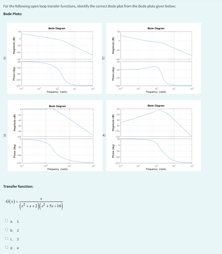 For the following open loop transfer functions, identify the correct Bode plot from the Bode plots given below:
Bode Plots:
Magnitude (dB)
Phase (deg)
O
50
-100
-50
-150
-90
0
-135
-180
Magnitude (dB)
a 225
Phase (deg)
-270
-20
10:2
-40
-60
-80
-100
0
-90
-180
G(s) =
-270
Transfer function:
a. 1
10-1
101
O b. 2
O c. 3
O d. 4
S
Bode Diagram
10°
Frequency (rad/s)
Bode Diagram
(₁² +s+2)(x² +58 +
Frequency (rad/s)
s+16)
101
10¹
10²
%
2)
Magnitude (dB)
Phase (deg)
Magnitude (dB)
Phase (deg)
50
-50
-100
-45
-90
-135
-180
10/2
-60
-80
-100
-120
90
0
-90
-180
-270
10:2
10¹
10"
Bode Diagram
10°
Frequency (rad/s)
Bode Diagram
10°
Frequency (rad/s)
10¹
101
10²
102