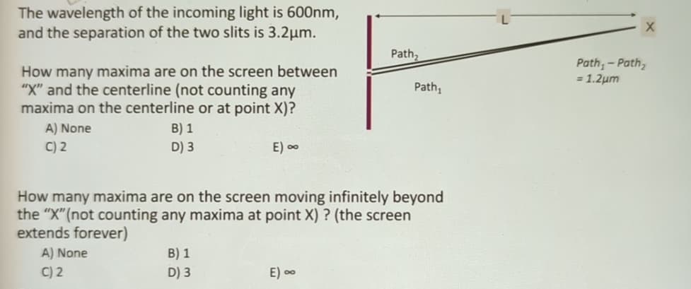 The wavelength of the incoming light is 600nm,
and the separation of the two slits is 3.2μm.
How many maxima are on the screen between
"X" and the centerline (not counting any
maxima on the centerline or at point X)?
A) None
C) 2
B) 1
D) 3
E) ∞
Path2
Path-Path
= 1.2μm
Path₁
How many maxima are on the screen moving infinitely beyond
the "X" (not counting any maxima at point X)? (the screen
extends forever)
A) None
C) 2
B) 1
D) 3
E) ∞
X