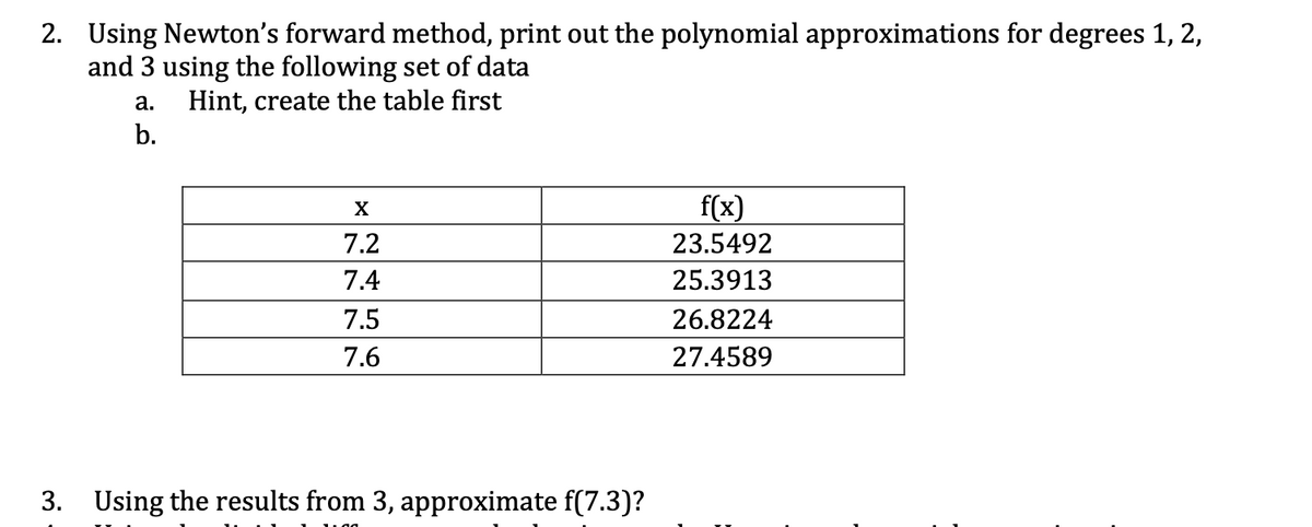 2. Using Newton's forward method, print out the polynomial approximations for degrees 1, 2,
and 3 using the following set of data
a. Hint, create the table first
b.
X
7.2
7.4
7.5
7.6
3. Using the results from 3, approximate f(7.3)?
f(x)
23.5492
25.3913
26.8224
27.4589