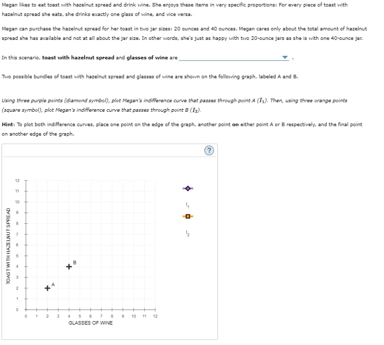 Megan likes to eat toast with hazelnut spread and drink wine. She enjoys these items in very specific proportions: For every piece of toast with
hazelnut spread she eats, she drinks exactly one glass of wine, and vice versa.
Megan can purchase the hazelnut spread for her toast in two jar sizes: 20 ounces and 40 ounces. Megan cares only about the total amount of hazelnut
spread she has available and not at all about the jar size. In other words, she's just as happy with two 20-ounce jars as she is with one 40-ounce jar.
In this scenario, toast with hazelnut spread and glasses of wine are
Two possible bundles of toast with hazelnut spread and glasses of wine are shown on the following graph, labeled A and B.
Using three purple points (diamond symbol), plot Megan's indifference curve that passes through point A (11). Then, using three orange points
(square symbol), plot Megan's indifference curve that passes through point B (I2).
Hint: To plot both indifference curves, place one point on the edge of the graph, another point on either point A or B respectively, and the final point
on another edge of the graph.
TOAST WITH HAZELNUT SPREAD
2
1
12
11
10
9
5
B
°
+
+ +
+
+
0
1
2
3
4 5 6 7 8
GLASSES OF WINE
9
10
11
12
