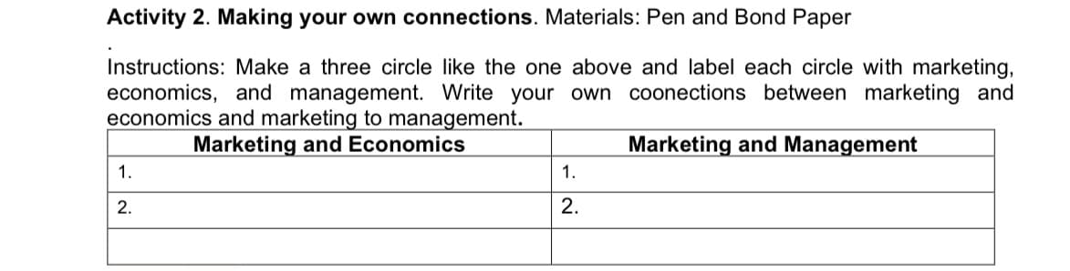 Activity 2. Making your own connections. Materials: Pen and Bond Paper
Instructions: Make a three circle like the one above and label each circle with marketing,
economics, and management. Write your own coonections between marketing and
economics and marketing to management.
Marketing and Economics
Marketing and Management
1.
1.
2.
2.
