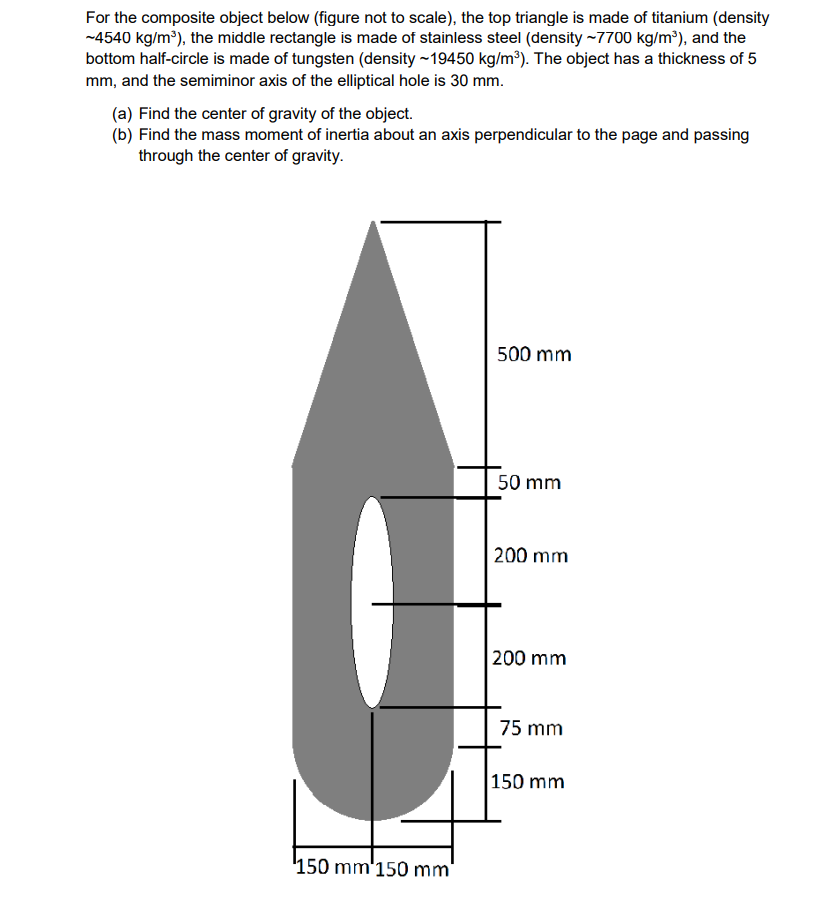 For the composite object below (figure not to scale), the top triangle is made of titanium (density
~4540 kg/m³), the middle rectangle is made of stainless steel (density ~7700 kg/m³), and the
bottom half-circle is made of tungsten (density ~19450 kg/m³). The object has a thickness of 5
mm, and the semiminor axis of the elliptical hole is 30 mm.
(a) Find the center of gravity of the object.
(b) Find the mass moment of inertia about an axis perpendicular to the page and passing
through the center of gravity.
150 mm 150 mm"
500 mm
50 mm
200 mm
200 mm
75 mm
150 mm
