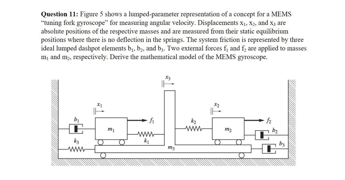 Question 11: Figure 5 shows a lumped-parameter representation of a concept for a MEMS
"tuning fork gyroscope" for measuring angular velocity. Displacements X₁, X2, and x3 are
absolute positions of the respective masses and are measured from their static equilibrium
positions where there is no deflection in the springs. The system friction is represented by three
ideal lumped dashpot elements b₁,b2, and b3. Two external forces f₁ and f₂ are applied to masses
m₁ and m₂, respectively. Derive the mathematical model of the MEMS gyroscope.
x3
Leto,
fi
k₁
m3
k3
x1
m1
x2
m₂
f₂
b2