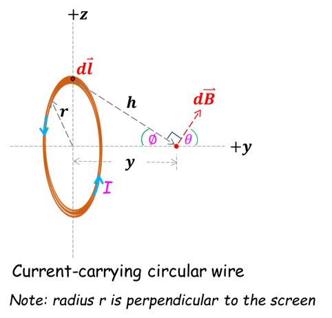 +z
di
h
dB
r
+y
y
I.
Current-carrying circular wire
Note: radius r is perpendicular to the screen
