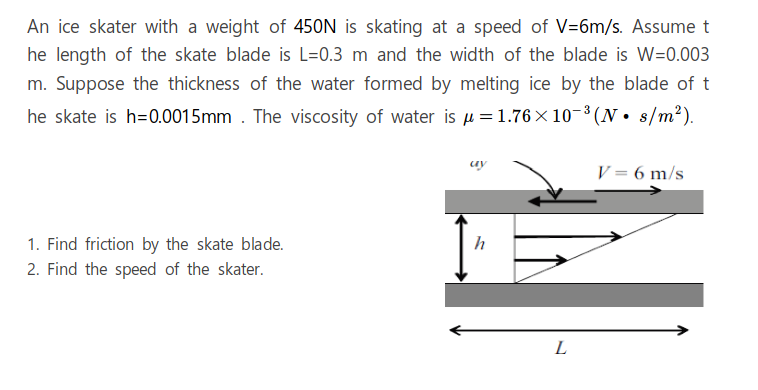 An ice skater with a weight of 450N is skating at a speed of V=6m/s. Assume t
he length of the skate blade is L=0.3 m and the width of the blade is W=0.003
m. Suppose the thickness of the water formed by melting ice by the blade of t
he skate is h=0.0015mm . The viscosity of water is u = 1.76 × 10-³(N• s/m²).
uy
V = 6 m/s
h
1. Find friction by the skate blade.
2. Find the speed of the skater.
L
