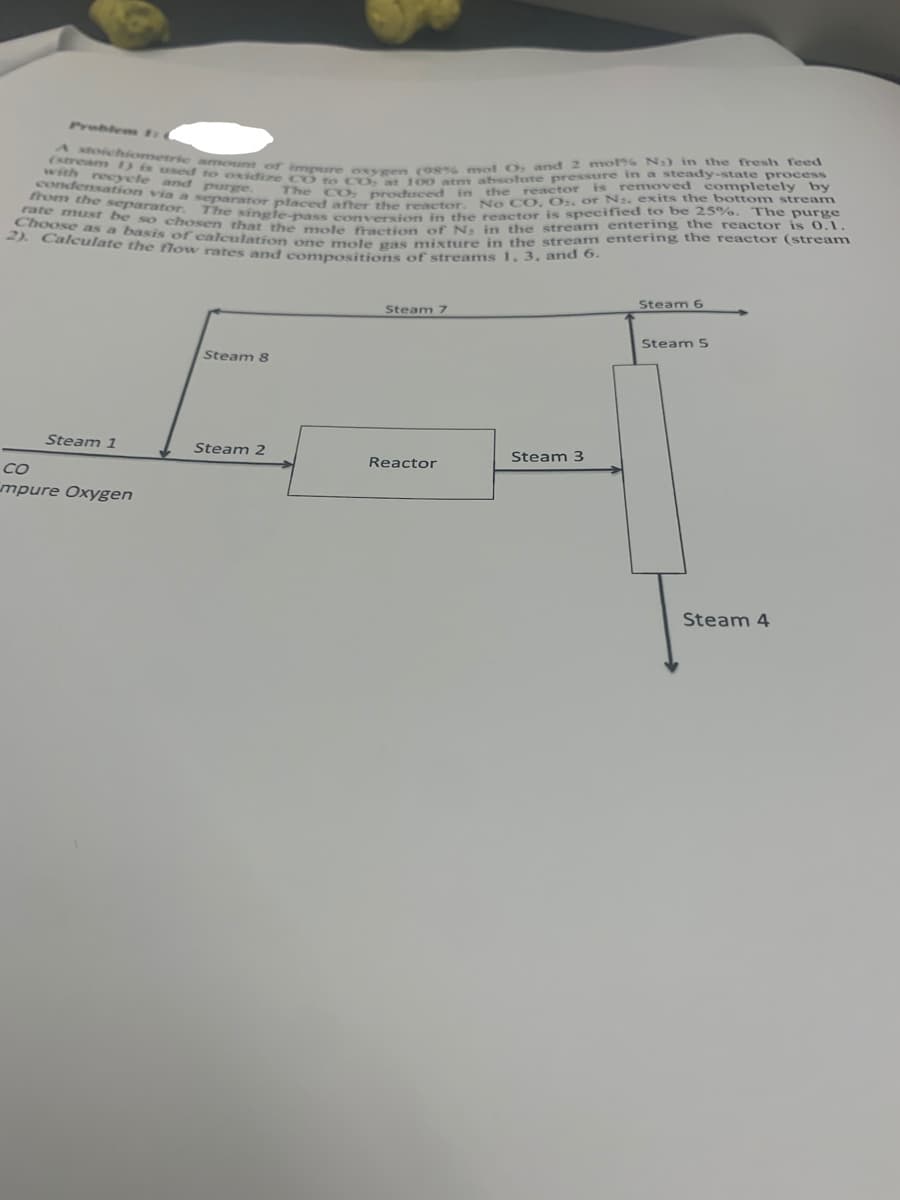 A stoichiometrie amounr of impre oxygen (98% mol Oy and 2 mo% N2) in the fresh feed
condensation via a separator placed after the reactor. No CO, O, or N. exits the bottom stream
rate must be so chosen that the mole fraction of N in the stream entering the reactor is 0.1.
(stream )is used to oxidize CO to CO at 100 atm absotute pressure in a steady-state process
Choose as a basis of calculation one mole gas mixture in the stream entering the reactor (stream
Problem
with reeycle and purge.
The CO, produced in the reactor is removed completely by
from the separator.
Single-pass converssion in the reactor is specified to be 25%. The purge
2). Calculate the flow rates and compositions of streams 1.3. and
Steam 6
Steam 7
Steam 5
Steam 8
Steam 1
Steam 2
Steam 3
Reactor
Co
mpure Oxygen
Steam 4
