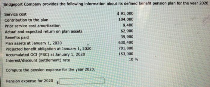 Bridgeport Company provides the following information about its defined benefit pension plan for the year 2020.
Service cost
$ 91,000
Contribution to the plan
104,000
Prior service cost amortization
9,400
62,900
Actual and expected return on plan assets
Benefits paid
39,900
Plan assets at January 1, 2020
Projected benefit obligation at January 1,
Accumulated OCI (PSC) at January 1, 2020
Interest/discount (settlement) rate
630,400
2010
701,800
153,000
10 %
Compute the pension expense for the year 2020.
Pension expense for 2020

