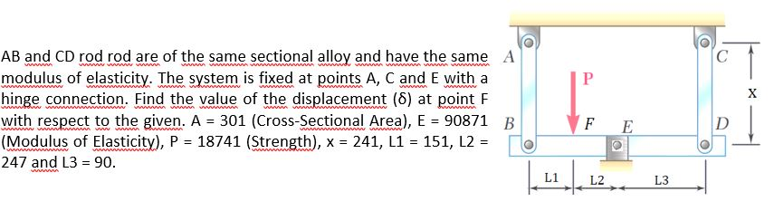 AB and CD rod rod are of the same sectional alloy and have the same A
modulus of elasticity. The system is fixed at points A, C and E with a
hinge connection. Find the value of the displacement (8) at point F
with respect to the given. A = 301 (Cross-Sectional Area), E = 90871 B
(Modulus of Elasticity), P = 18741 (Strength), x = 241, L1 = 151, L2 = o
247 and L3 = 90.
X
FE
%3D
%3D
L2
L3
