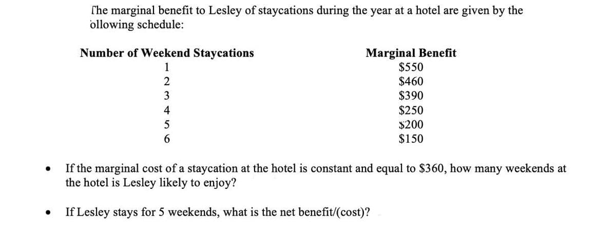 ●
●
The marginal benefit to Lesley of staycations during the year at a hotel are given by the
ollowing schedule:
Number of Weekend Staycations
1
2
3
4
5
Marginal Benefit
$550
$460
$390
$250
$200
$150
If the marginal cost of a staycation at the hotel is constant and equal to $360, how many weekends at
the hotel is Lesley likely to enjoy?
If Lesley stays for 5 weekends, what is the net benefit/(cost)?