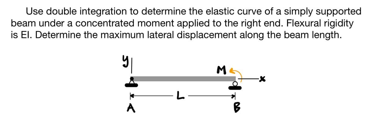 Use double integration to determine the elastic curve of a simply supported
beam under a concentrated moment applied to the right end. Flexural rigidity
is El. Determine the maximum lateral displacement along the beam length.
L
M
B
-X
