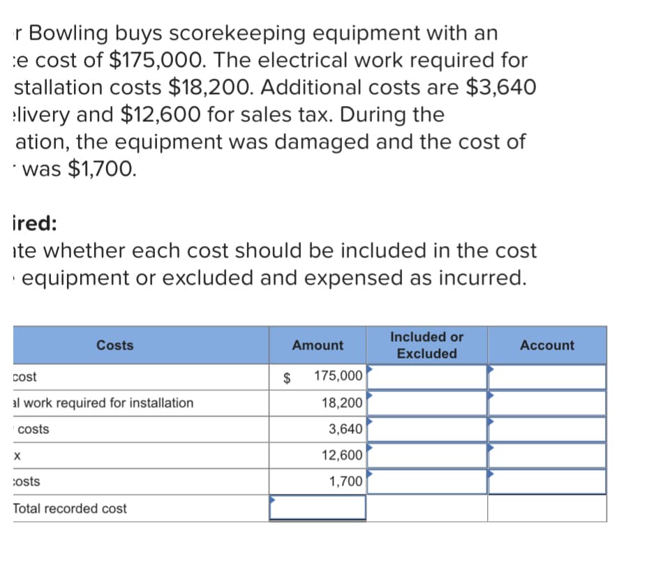 r Bowling buys scorekeeping equipment with an
:e cost of $175,000. The electrical work required for
stallation costs $18,200. Additional costs are $3,640
:livery and $12,600 for sales tax. During the
ation, the equipment was damaged and the cost of
was $1,700.
ired:
ite whether each cost should be included in the cost
· equipment or excluded and expensed as incurred.
Included or
Costs
Amount
Account
Excluded
cost
2$
175,000
al work required for installation
18,200
costs
3,640
12,600
:osts
1,700
Total recorded cost
