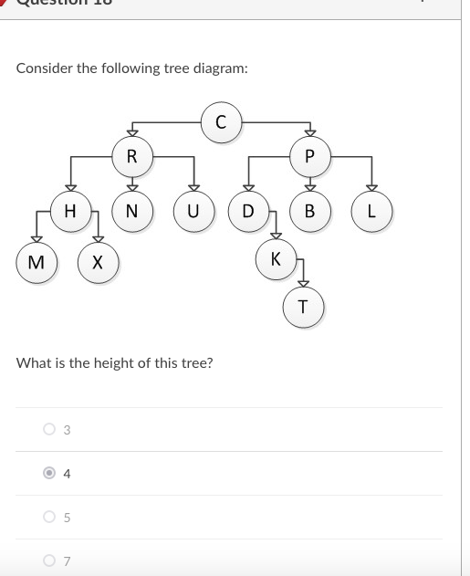 Consider the following tree diagram:
C
R
H
N
U
D
В
L
M
K
What is the height of this tree?
3
4
O 7
