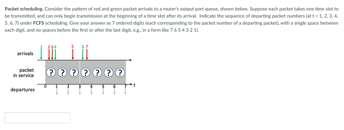 Packet scheduling. Consider the pattern of red and green packet arrivals to a router's output port queue, shown below. Suppose each packet takes one time slot to
be transmitted, and can only begin transmission at the beginning of a time slot after its arrival. Indicate the sequence of departing packet numbers (at t = 1, 2, 3, 4,
5, 6, 7) under FCFS scheduling. Give your answer as 7 ordered digits (each corresponding to the packet number of a departing packet), with a single space between
each digit, and no spaces before the first or after the last digit, e.g., in a form like 7 6 5 4 3 2 1).
arrivals
packet
in service
departures
234
5
2
???? ?
67
3
4
5
6
t