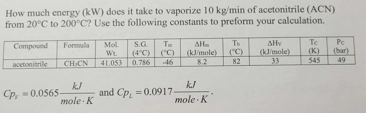 How much energy (kW) does it take to vaporize 10 kg/min of acetonitrile (ACN)
from 20°C to 200°C? Use the following constants to preform your
Compound
acetonitrile
Cpy = 0.0565
Formula
CH3CN
kJ
mole. K
Mol.
Wt.
41.053
Tm
S.G.
(4°C) (°C)
0.786
-46
and Cp = 0.0917
ΔΗΜ
(kJ/mole)
8.2
kJ
mole. K
Tb
(°C)
82
calculation.
AHv
(kJ/mole)
33
Tc
(K)
545
Pc
(bar)
49