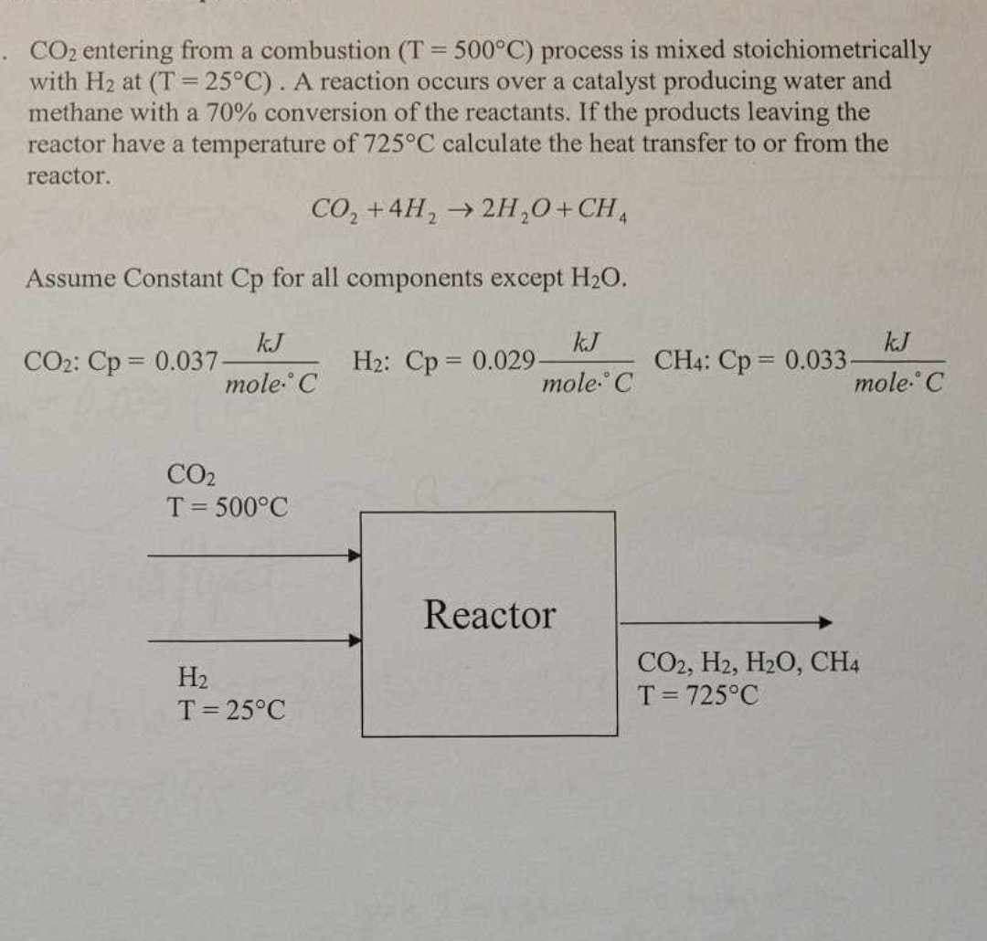 . CO₂ entering from a combustion (T = 500°C) process is mixed stoichiometrically
with H₂ at (T= 25°C). A reaction occurs over a catalyst producing water and
methane with a 70% conversion of the reactants. If the products leaving the
reactor have a temperature of 725°C calculate the heat transfer to or from the
reactor.
CO₂ + 4H₂ → 2H₂O+CHA
Assume Constant Cp for all components except H₂O.
kJ
mole. C
CO2: Cp= 0.037
kJ
mole C
CO₂
T = 500°C
H₂
T = 25°C
H2: Cp = 0.029.
Reactor
kJ
mole. C
CH4: Cp = 0.033-
CO2, H2, H₂O, CH4
T = 725°C