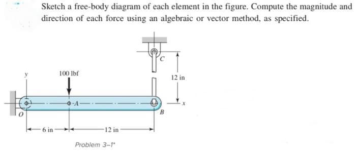 Sketch a free-body diagram of each element in the figure. Compute the magnitude and
direction of each force using an algebraic or vector method, as specified.
6 in
100 lbf
12 in-
Problem 3-1*
B
12 in