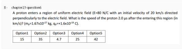 8- chapter23-question6
A proton enters a region of uniform electric field (E=80 N/C with an initial velocity of 20 km/s directed
perpendicularly to the electric field. What is the speed of the proton 2.0 us after the entering this region (in
km/s)? (m,=1.67x102" kg, qp=+1.6x10-19 C).
Option1
Option2
Option3
Option4 Option5
15
35
4.7
25
42
