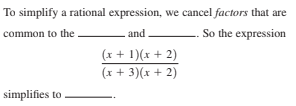 To simplify a rational expression, we cancel factors that are
common to the
and
So the expression
(x + 1)(x + 2)
(x + 3)(x + 2)
simplifies to

