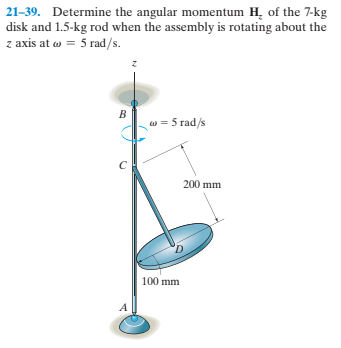 21-39. Determine the angular momentum H, of the 7-kg
disk and 1.5-kg rod when the assembly is rotating about the
z axis at w = 5 rad/s.
w = 5 rad/s
200 mm
100 mm
