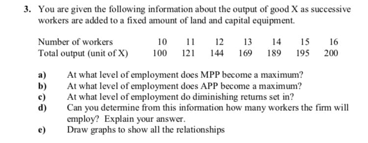 3. You are given the following information about the output of good X as successive
workers are added to a fixed amount of land and capital equipment.
11
121
Number of workers
10
12
13
14
15
16
Total output (unit of X)
100
144
169
189
195
200
At what level of employment does MPP become a maximum?
At what level of employment does APP become a maximum?
At what level of employment do diminishing returns set in?
Can you determine from this information how many workers the firm will
employ? Explain your answer.
Draw graphs to show all the relationships
a)
e)
