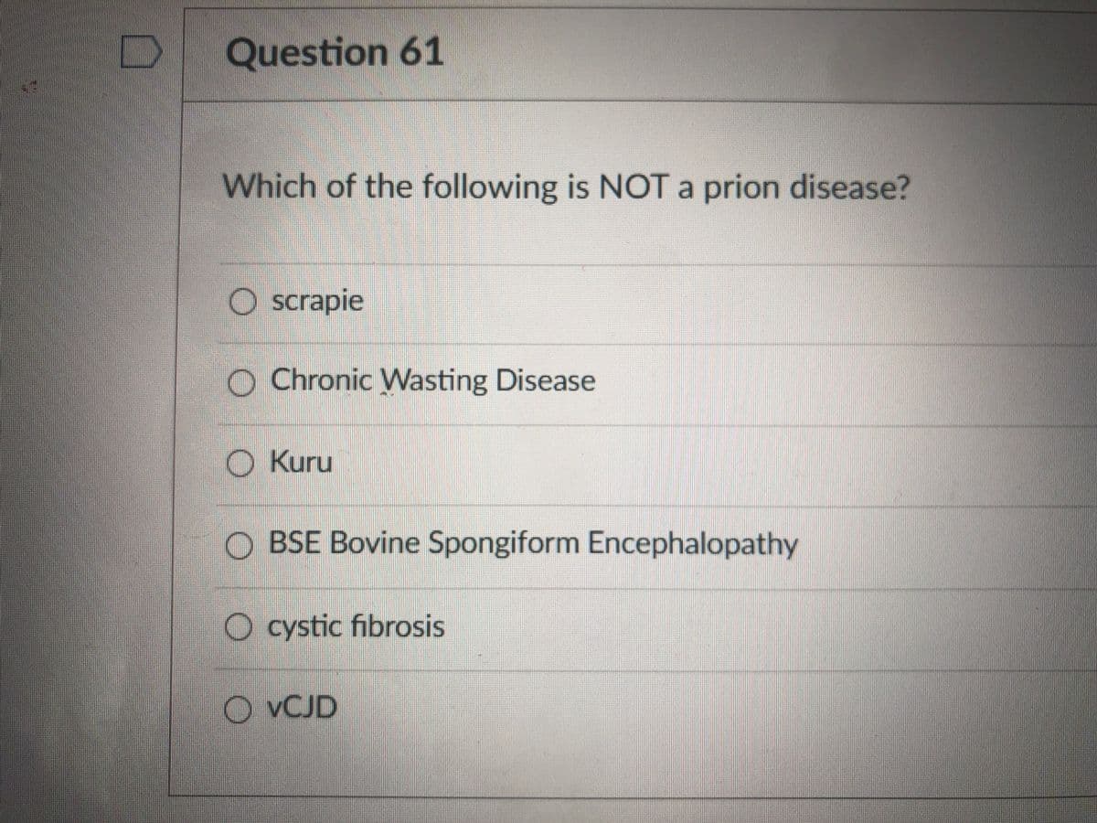 Question 61
Which of the following is NOT a prion disease?
O scrapie
O Chronic Wasting Disease
Kuru
O BSE Bovine Spongiform Encephalopathy
O cystic fibrosis
O VCJD
