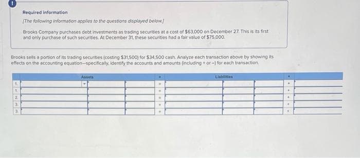 1.
1.
Required information
[The following information applies to the questions displayed below]
Brooks sells a portion of its trading securities (costing $31,500) for $34,500 cash. Analyze each transaction above by showing its
effects on the accounting equation-specifically, identify the accounts and amounts (including + or -) for each transaction.
2
3
3
Brooks Company purchases debt investments as trading securities at a cost of $63,000 on December 27. This is its first
and only purchase of such securities. At December 31, these securities had a fair value of $75,000.
Assets
W
Liabilities
+
.
.
*