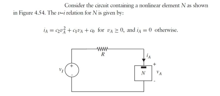 Consider the circuit containing a nonlinear element N as shown
in Figure 4.54. The v-i relation for N is given by:
iA = C₂v+GUA + co for VA ≥ 0, and iA = 0 otherwise.
VI
www
R
N
+
VA
