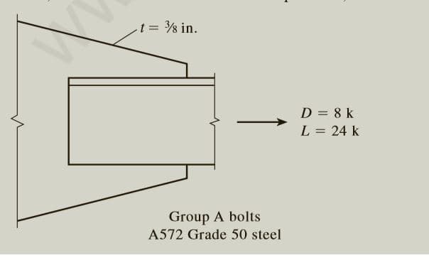 t= 8 in.
D = 8 k
L = 24 k
Group A bolts
A572 Grade 50 steel
