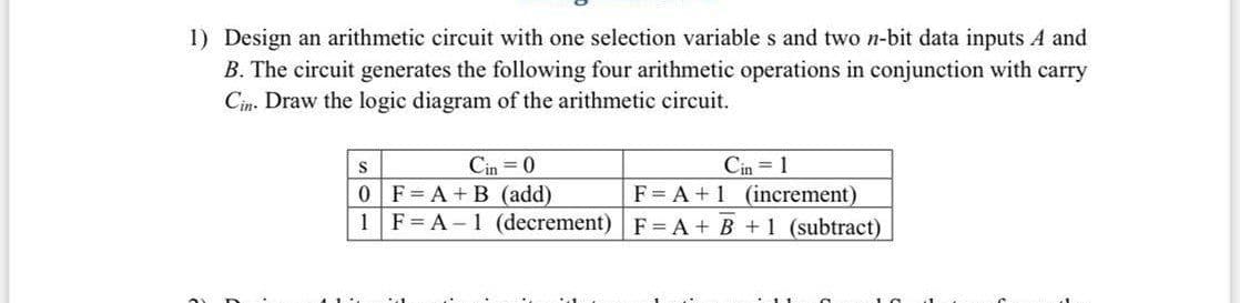 1) Design an arithmetic circuit with one selection variables and two n-bit data inputs A and
B. The circuit generates the following four arithmetic operations in conjunction with carry
Cin. Draw the logic diagram of the arithmetic circuit.
S
Cin = 0
Cin = 1
F = A+ 1 (increment)
0F A+B (add)
1F=A-1 (decrement) F= A + B +1 (subtract)

