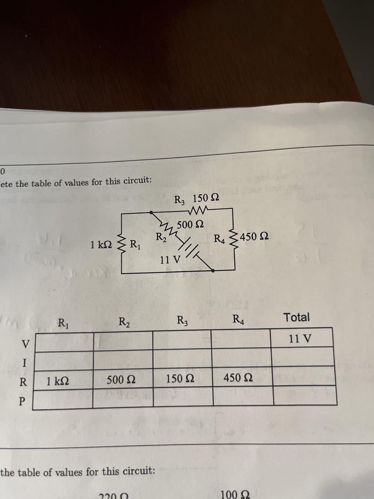 0
ete the table of values for this circuit:
IN
V
Ι
R
P
Vil
R₁
1 ΚΩ
1 kΩ Σ R
R1
R₂
500 Ω
the table of values for this circuit:
R2
R, 150 Ω
ww
500 Ω
11 V
R3
150 Ω
R4 2450 Ω
R4
450 Ω
100 Ω
Total
11 V