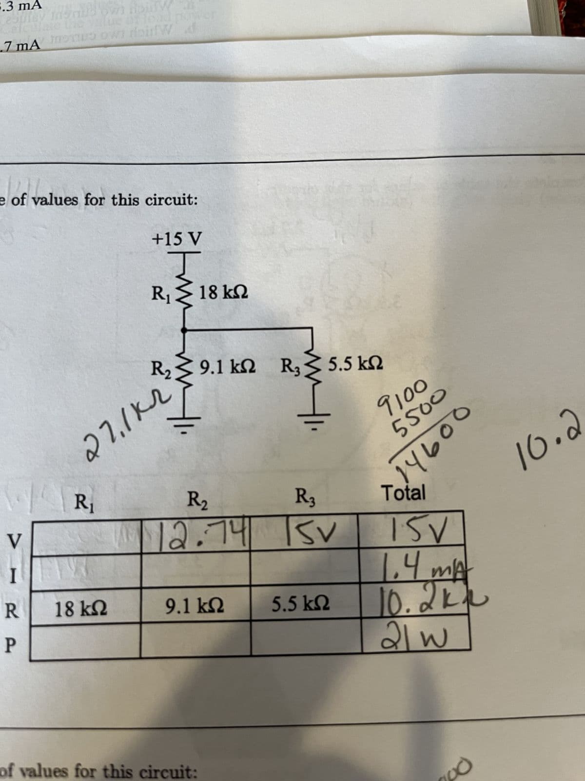 8.3 mA
and i Horw
Sulay me
alculate the value of load power
7 mA ISTI own doinW4
doidWid
d
e of values for this circuit:
V
I
R
P
R₁
+15 V
J
R Σ 18 ΚΩ
27.1K2
W
18 ΚΩ
<
R2 Σ 9.1 kΩ R, ≥ 5.5 ΚΩ
MI
R₂
R3
12.74 TSV
9.1 ΚΩ
WHI
of values for this circuit:
5.5 ΚΩ
9100
5500
14600
Total
1SV
1.4 mA
10.2kk
21 W
po
10.2