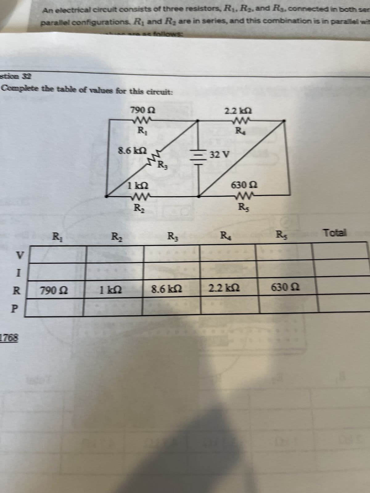 Complete the table of values for this circuit:
V
I
R
P
An electrical circuit consists of three resistors, R₁, R₂, and R3, connected in both ser
parallel configurations. R₁ and R₂ are in series, and this combination is in parallel wit
follows:
1768
R₁
790 92
790 9
ww
R₁
8.6 kQ
1kQ
1kQ
www
R₂
R₁
R3
8.6 ΚΩ
2.2kQ
ww
R₂
32 V
630 2
ww
R5
R₂
2.2kQ
R5
630 92
Totall