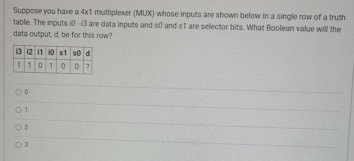 Suppose you have a 4x1 multiplexer (MUX) whose inputs are shown below in a single row of a truth
table. The inputs 10-13 are data inputs and so and s1 are selector bits. What Boolean value will the
data output, d, be for this row?
13 12 11 10 s1 s0 d
1101
0
2
3
