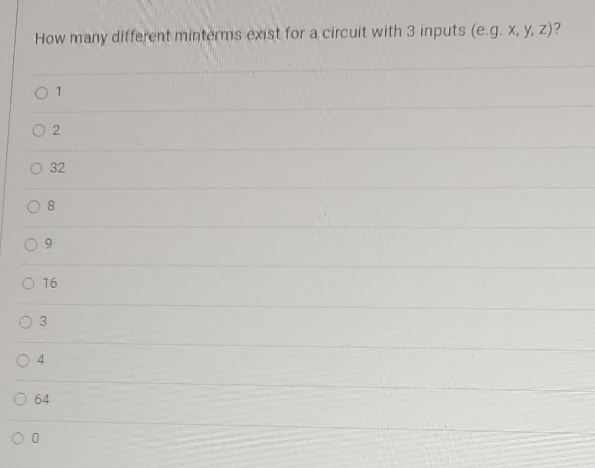How many different minterms exist for a circuit with 3 inputs (e.g. x, y, z)?
01
O
O
3
4
2
32
8
a
16
O 64