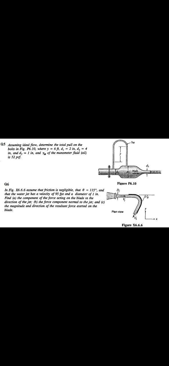 -YM
Q5 Assuming idea! flow, determine the total pull on the
bolts in Fig. P6.10, where y = 6 ft, d, = 2 in, dz = 4
in, and d, = 1 in, and Yy of the manometer fluid (oil)
is 52 pef.
d,
d H0
Q6
Figure P6.10
In Fig. X6.6.6 assume that friction is negligible, that 0 = 115°, and
that the water jet has a velocity of 95 fps and a diameter of 1 in.
Find (a) the component of the force acting on the blade in the
direction of the jet; (b) the force component normal to the jet; and (c)
the magnitude and direction of the resultant force exerted on the
blade.
Plan view
Figure X6.6.6
