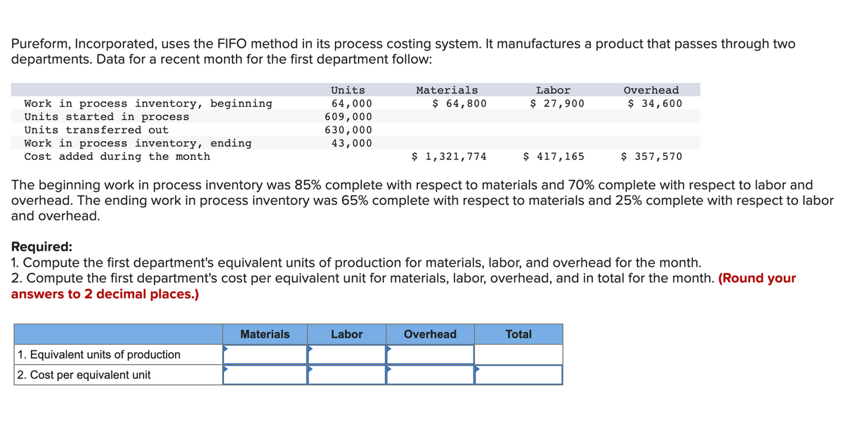 Pureform, Incorporated, uses the FIFO method in its process costing system. It manufactures a product that passes through two
departments. Data for a recent month for the first department follow:
Work in process inventory, beginning
Units started in process
Units transferred out
Work in process inventory, ending
Cost added during the month
Units
64,000
609,000
630,000
43,000
1. Equivalent units of production
2. Cost per equivalent unit
Materials
Materials
$ 64,800
$ 357,570
The beginning work in process inventory was 85% complete with respect to materials and 70% complete with respect to labor and
overhead. The ending work in process inventory was 65% complete with respect to materials and 25% complete with respect to labor
and overhead.
Labor
$ 1,321,774
Labor
$ 27,900
Required:
1. Compute the first department's equivalent units of production for materials, labor, and overhead for the month.
2. Compute the first department's cost per equivalent unit for materials, labor, overhead, and in total for the month. (Round your
answers to 2 decimal places.)
Overhead
$ 417,165
Overhead
$ 34,600
Total