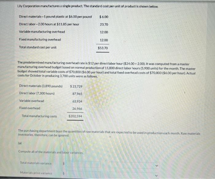 Lily Corporation manufactures a single product. The standard cost per unit of product is shown below.
Direct materials-1 pound plastic at $6.00 per pound
Direct labor-2.00 hours at $11.85 per hour
Variable manufacturing overhead
Fixed manufacturing overhead
Total standard cost per unit
Direct materials (3,890 pounds)
Direct labor (7,300 hours)
Variable overhead
Fixed overhead
Total manufacturing costs
(a)
The predetermined manufacturing overhead rate is $12 per direct labor hour ($24.00 +2.00). It was computed from a master
manufacturing overhead budget based on normal production of 11,800 direct labor hours (5,900 units) for the month. The master
budget showed total variable costs of $70,800 ($6.00 per hour) and total fixed overhead costs of $70,800 ($6.00 per hour). Actual
costs for October in producing 3,700 units were as follows.
$23,729
87.965
Total materials variance
63,934
26,966
$202,594
Compute all of the materials and labor variances.
Materials price variance
$6.00
23.70
12.00
The purchasing department buys the quantities of raw materials that are expected to be used in production each month. Raw materials
inventories, therefore, can be ignored.
12.00
$53.70